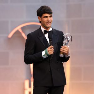 MADRID, SPAIN - APRIL 20: Carlos Alcaraz accepts the Laureus World Sportsman of the Year award on stage during the Laureus World Sports Awards Madrid 2026 on April 20, 2026 in Madrid, Spain. (Photo by Pablo Cuadra/Getty Images for Laureus)